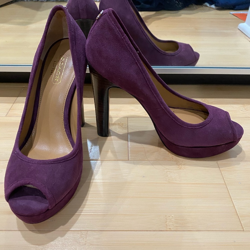 Never worn Purple Coach suede peep-toe heels